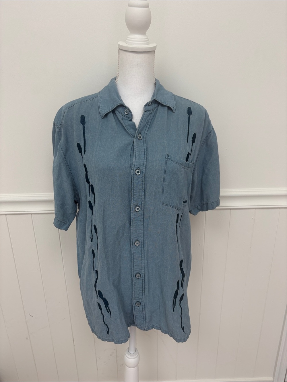 Kavu Slate Blue Short-Sleeve Button Down Shirt with Dark Blue Accent